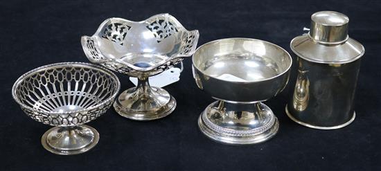 A silver tea caddy, a silver pedestal dish, a pierced white metal pedestal dish and another pierced pedestal dish
